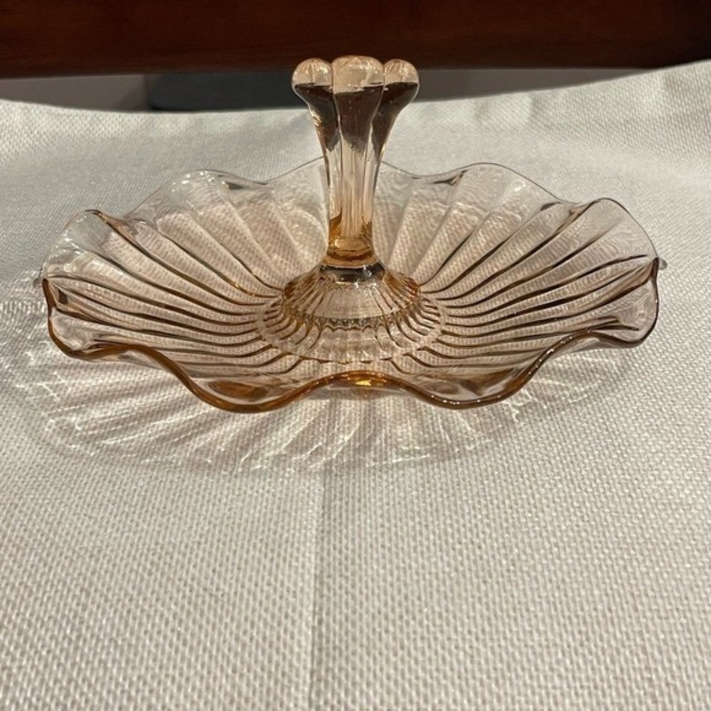 Federal Glass Pink Depression Glass Tidbit Tray Ribbed‎ Ruffled Candy Dish 6.5in